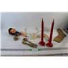 Image 1 : (2) Butane Candles, Metal Dog, (2) Dolls, (2) Brass Spoons,