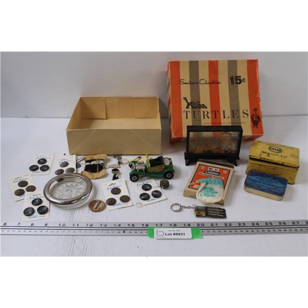 Asian Wood Veneer Art, Collector Tins, Buttons, Matchbox Car, Coleman Mantle Piece, Misc.