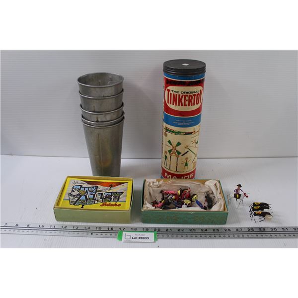 (4) Milk Shake Cups, Tinkertoy Set, As is & Matador Figurines, Postcard Lot
