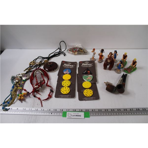 (8) Carlton Cards Buttons, Flintstones Figurines, Indigenous Key Chains, Western Bolo Ties, Misc.