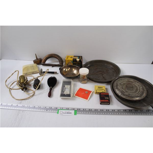 Vintage Metal Pans & Bowl, Sat Iron Handle, Upholstery Brush, Misc.