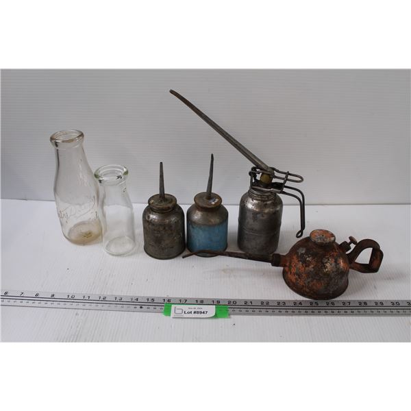 (4) Vintage Oil Cans & (2) Milk Jug Glass Bottles