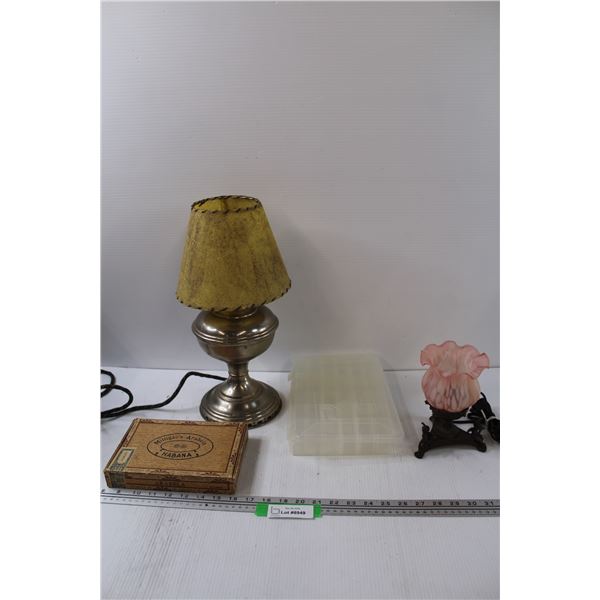 (2) Vintage Lamps - Works, Plano Storage Container, Cigar Box