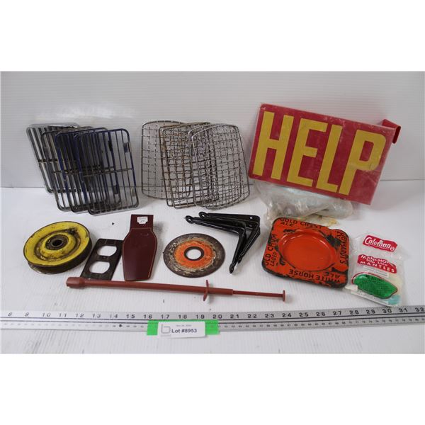 (2) Flood Light Covers, Shelf Brackets, Pulley Wheel, Gold Crest Ale Ashtray - Some Wear