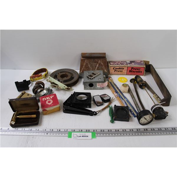 Cookie Press, Gillette Razor, Pulley Wheel, Shelf Brackets, Misc.
