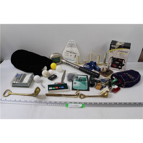 Golf Lot: Plastic Golf Balls in Bag, Picks in Bag, Mini Desk Golf Set, Bottle Openers, Misc.