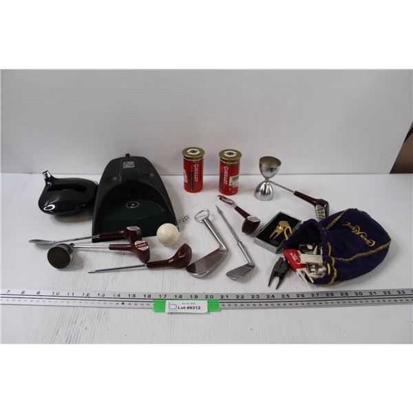 Golf Lot: Bar Golf Items, Picks in Bag, Putter Helper, Misc.
