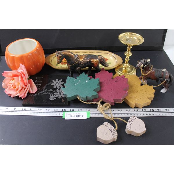 (2) Horse Figurines, Maple Leaf Decor, Candle Stick, Misc.
