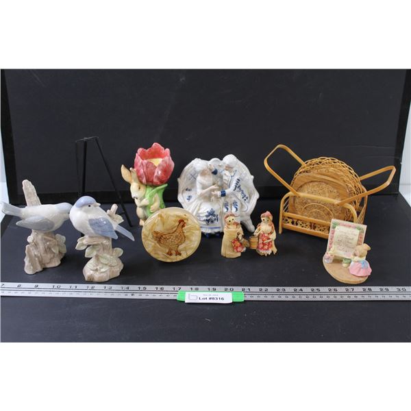 French Renaissance Figurine, (2) Bird Figurine (One Beak Has Ding), Wicker Coater Set, Chicken Decor