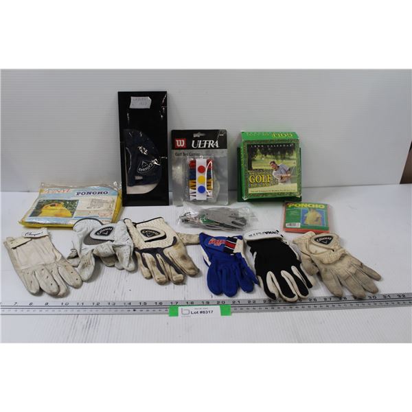 Golf Lot: Various Golf Gloves, Golf Picks, Tees, Ponchos