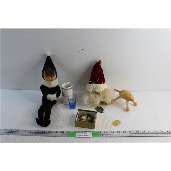 Buttons, Creamer, Key Chain, Liquor Shot, Santa Claus Ornament, Elf Plush and Misc.