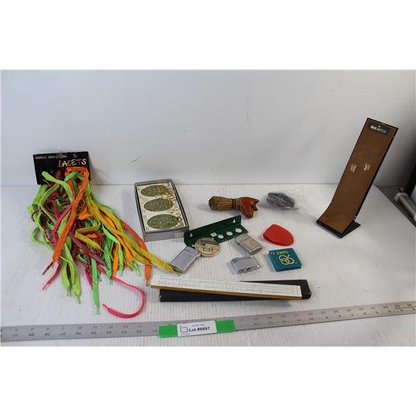 Shoelaces, Costume Jewelry, (3) Lighters, Misc.