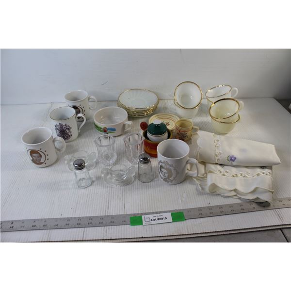 (5) Milk Glass Saucers, (6) Cups, Salt and Pepper Shaker, (3) Mugs, Assorted Dish Ware