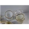 Image 5 : (5) Milk Glass Saucers, (6) Cups, Salt and Pepper Shaker, (3) Mugs, Assorted Dish Ware