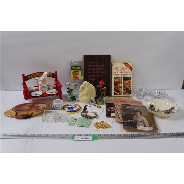 Lot: Workbasket Magazines, (3) Ceramic Small Vases, Miniature Tea Set Items, Candle Holders, Misc.
