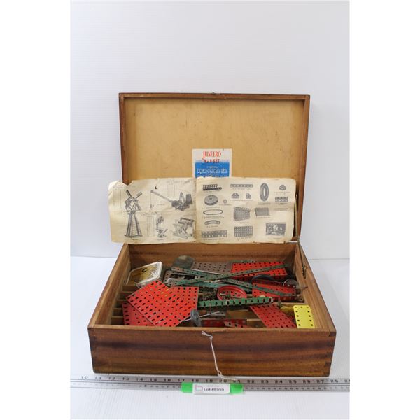Juneero/Meccano Building Set w/Paper Instructions & Building Items in Wood Case - As Is