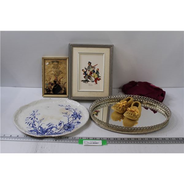 Laurentin Chief Baby Moccasins, Mirrored Vanity Tray, Blue/White Serving Tray, Norman Rockwell Pictu