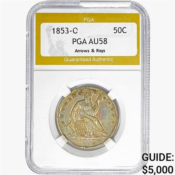 1853-O Seated Liberty Half Dollar PGA AU58 ARR & RAYS