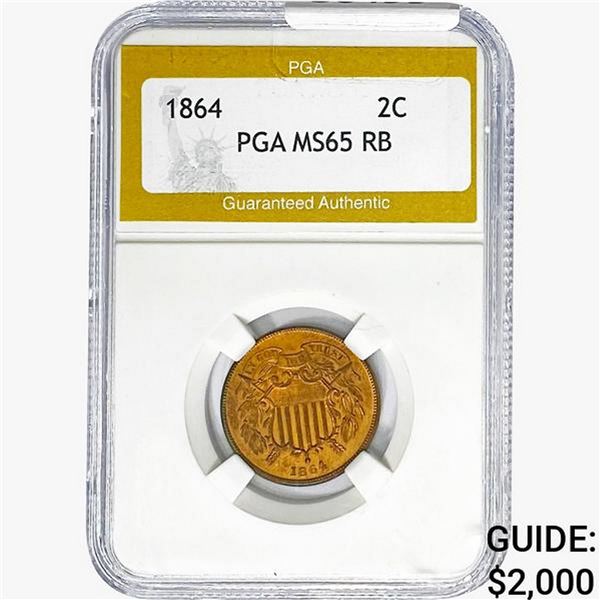 1864 Two Cent Piece PGA MS65 RB, Lrg. Motto
