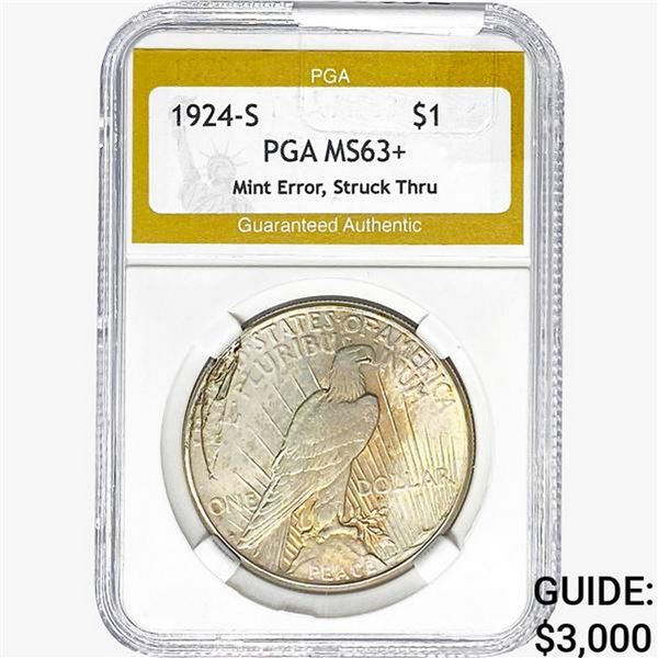 1924-S Silver Peace Dollar PGA MS63+ Mint Err. Struck Thru