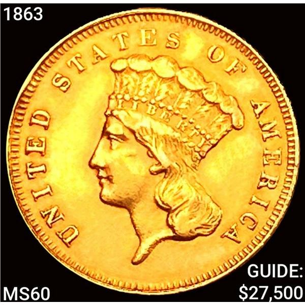 1863 $3 Gold Piece UNCIRCULATED