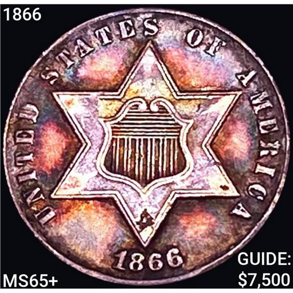1866 Silver Three Cent GEM BU +