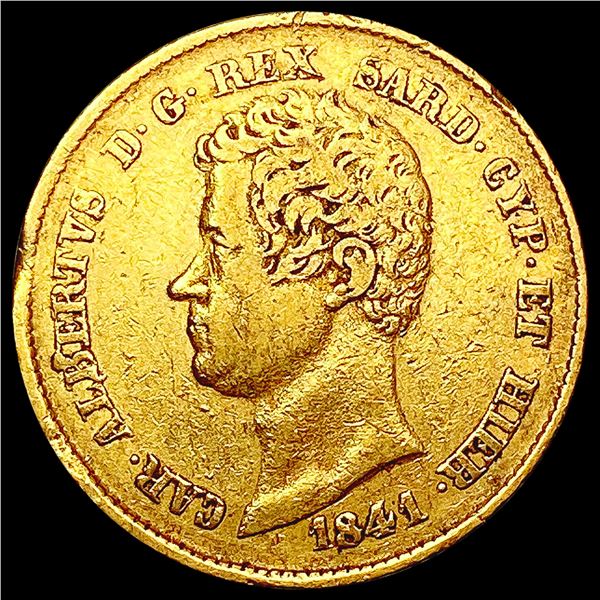 1841-P Sardinia 20 lire NEARLY UNCIRCULATED