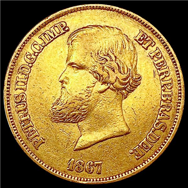 1867 0.2643oz Gold Brazil 10000 Reis  NEARLY UNCIRCULATED