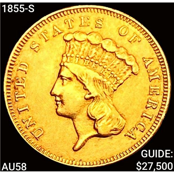 1855-S $3 Gold Piece CHOICE AU