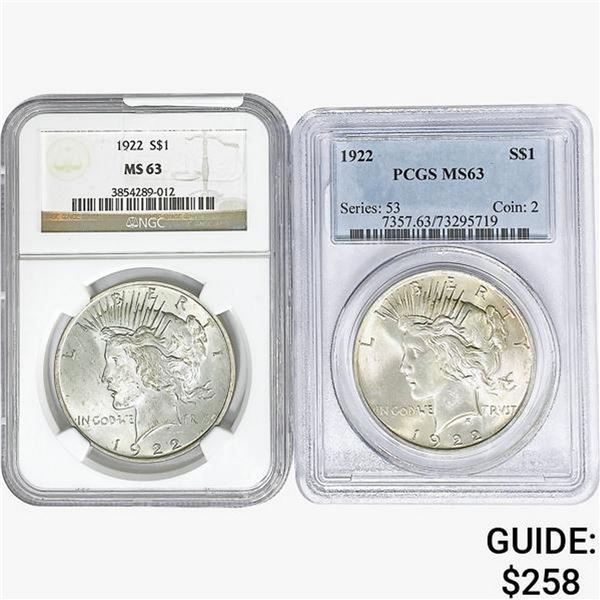 [2] 1922 Silver Peace Dollar NGC/PCGS MS63