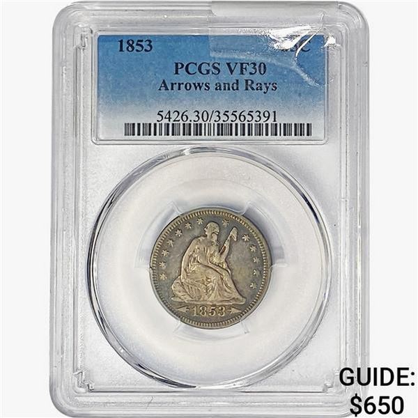 1853 Arrows & Ray Seated Liberty Quarter PCGS VF30