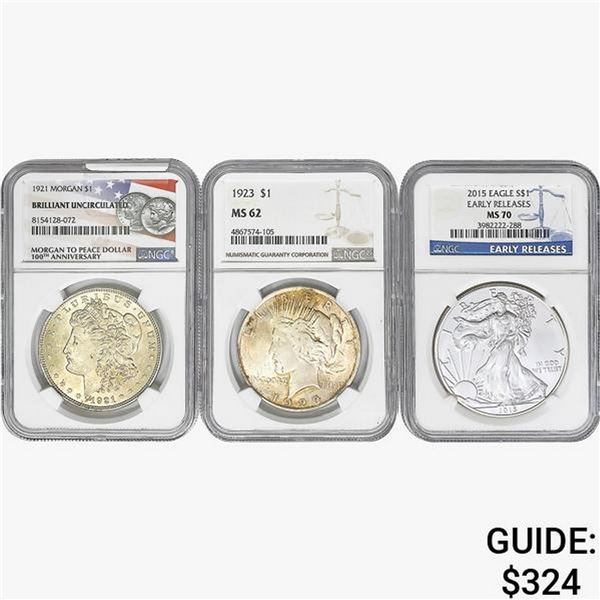 [3] 1921-2015 Various US Silver Dollar Coins NGC MS62/70