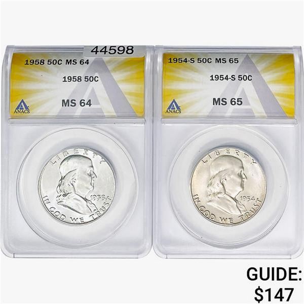 [2] 1954-1958 Franklin Half Dollar ANACS MS64/65