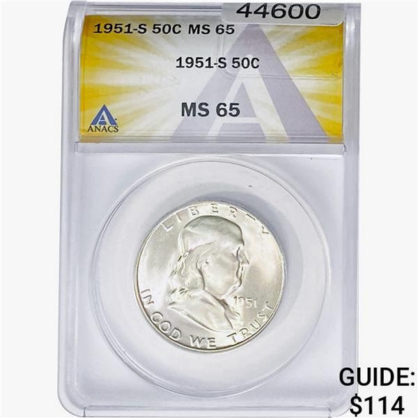 1951-S Franklin Half Dollar ANACS MS65
