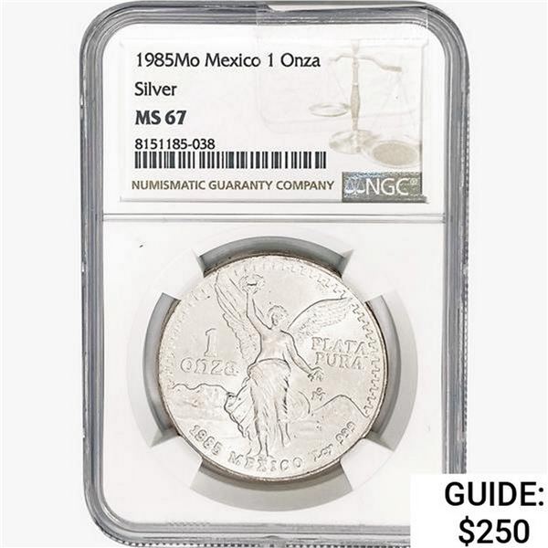 1985Mo 1oz. Silver Mexicanos Onza NGC MS67
