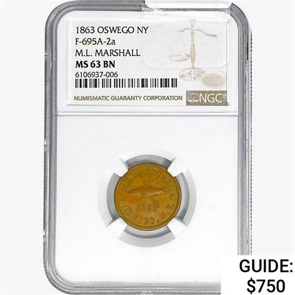 1863 NY Token F-695A-2a NGC MS63 BN Marshall
