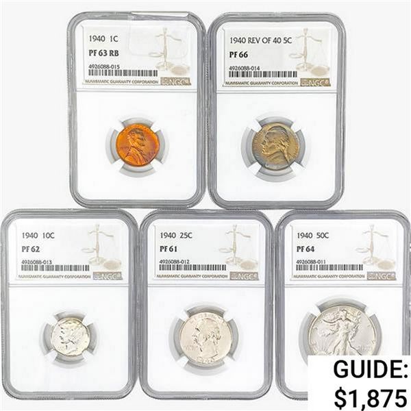 [5] 1940 Varied Coinage Set NGC PF