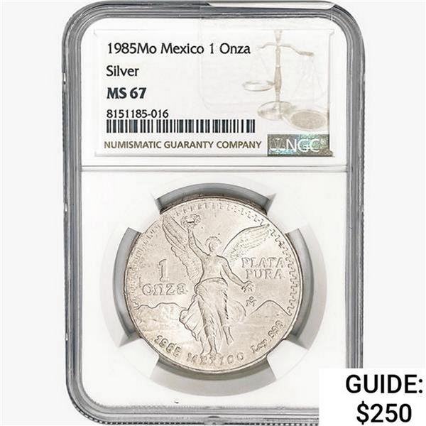 1985Mo 1oz. Silver Mexicanos Onza NGC MS67