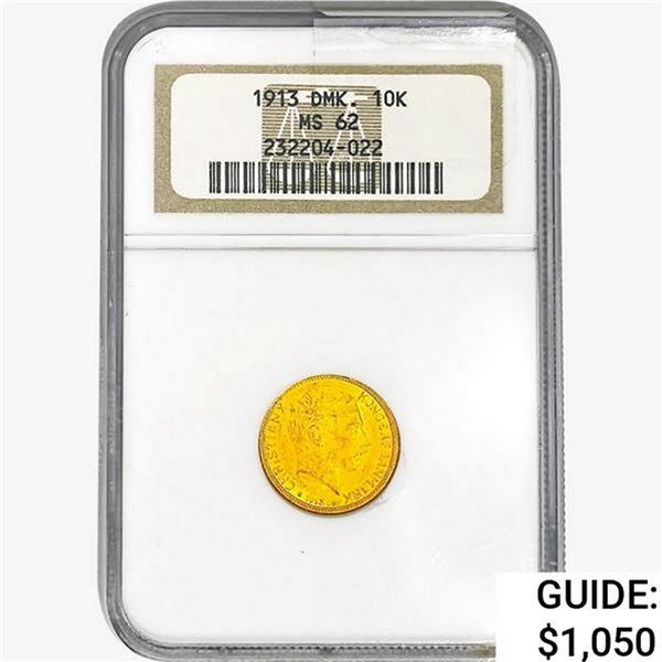 1913 .1296oz. Gold Denmark 10 Kroner NGC MS62