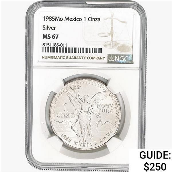 1985Mo 1oz. Silver Mexicanos Onza NGC MS67