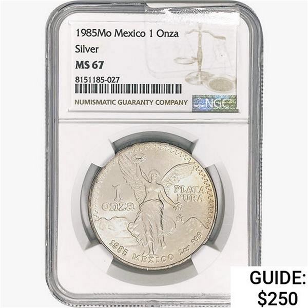 1985Mo 1oz. Silver Mexicanos Onza NGC MS67