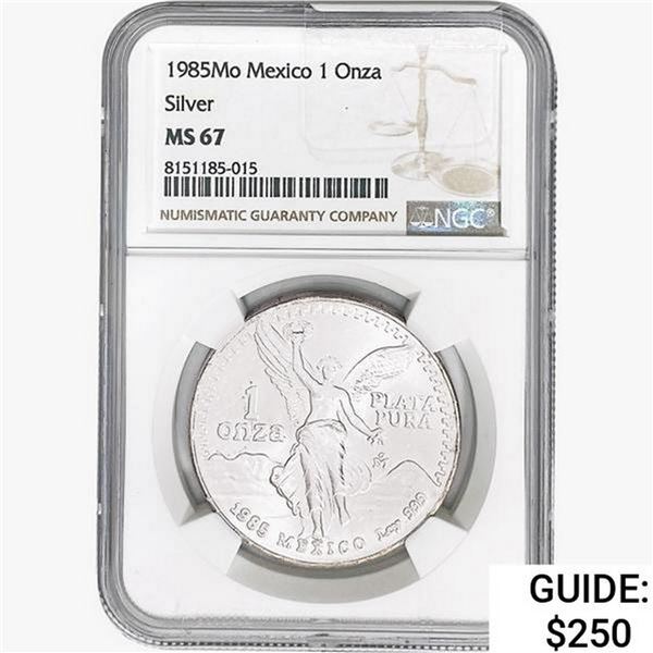 1985Mo 1oz. Silver Mexicanos Onza NGC MS67