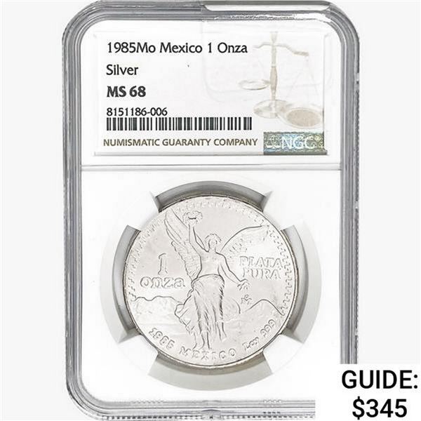 1985Mo 1oz. Silver Mexicanos Onza NGC MS68