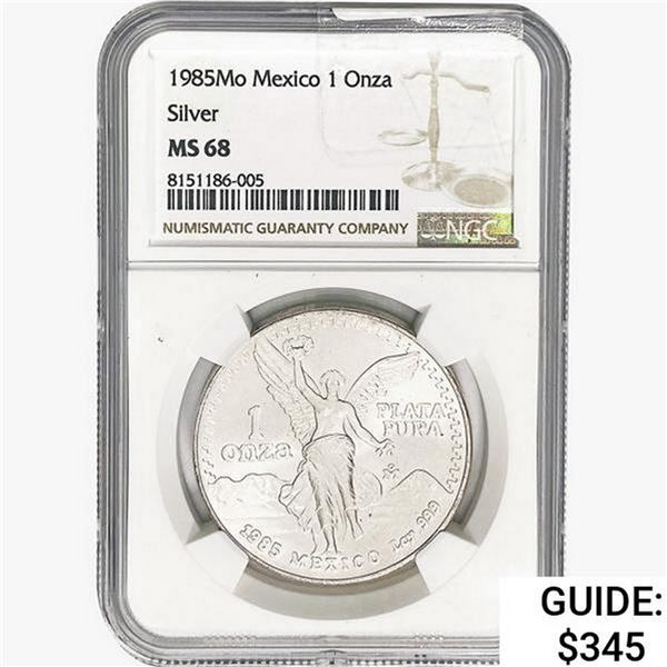 1985Mo 1oz. Silver Mexicanos Onza NGC MS68