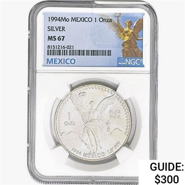 1994Mo 1oz. Silver Mexicanos Onza NGC MS67