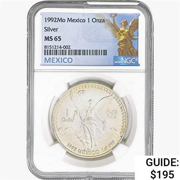 1992Mo 1oz. Silver Mexicanos Onza NGC MS65