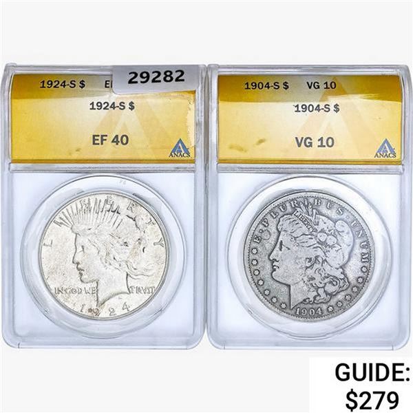 [2] 1904-S&1924-S Silver Dollars ANACS EF/VG