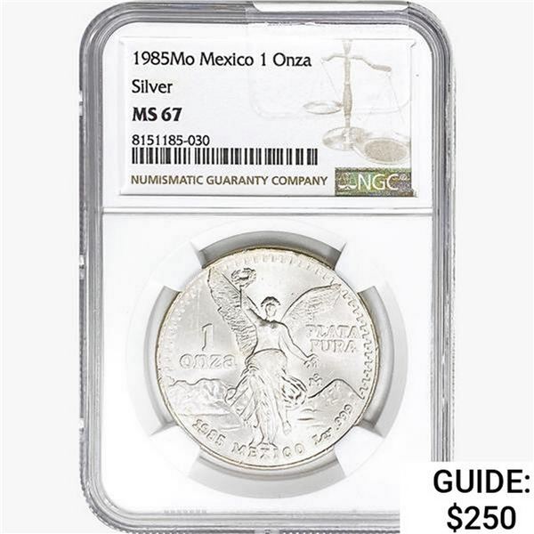 1985Mo 1oz. Silver Mexicanos Onza NGC MS67