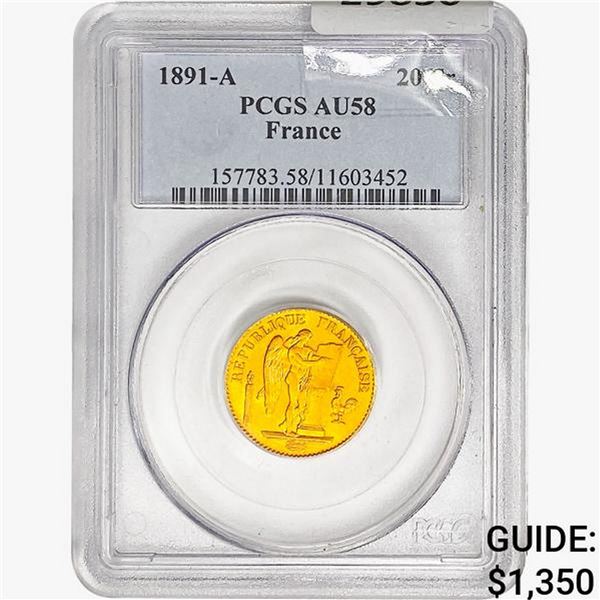 1891-A 0.187oz G20 Franc PCGS AU58