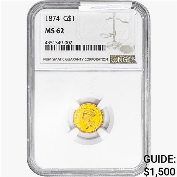 1874 Rare Gold Dollar NGC MS62